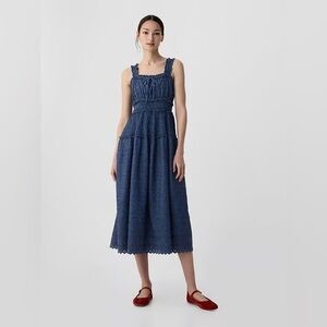 NWT Gap x DÔEN Eyelet Smocked Midi Dress | Chambray Blue Tie Straps | Size L